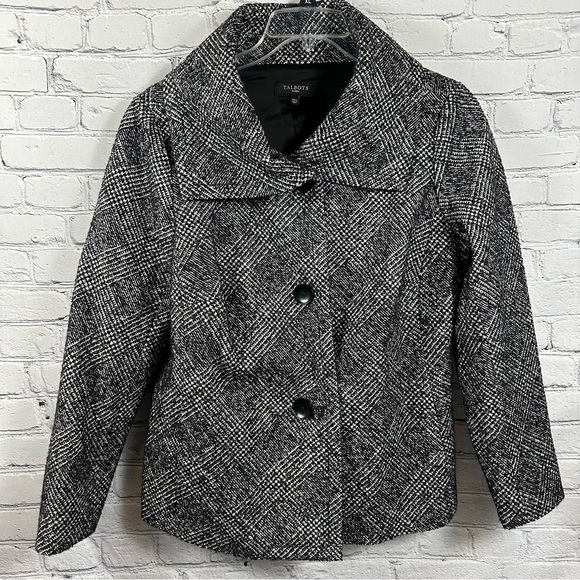 Talbots Jackets & Blazers - Talbots Winter Pea Coat Plaid Tweed Front Button Black White Metallic Silver 14W